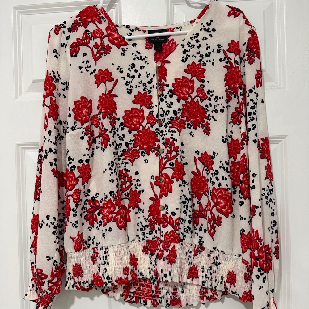 JM Collection Cream Blouse with Red Floral Print